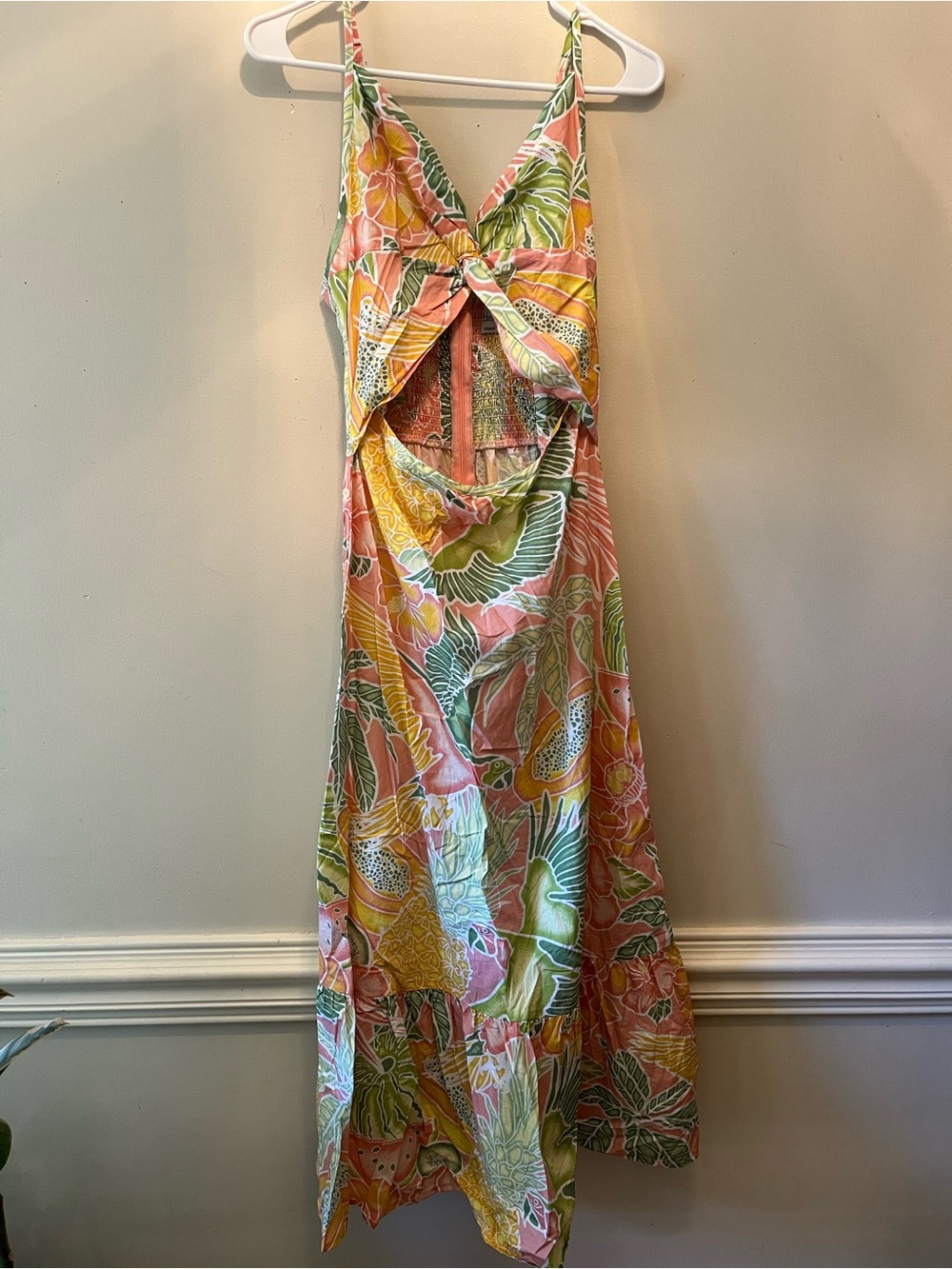 Kenny Flowers Coral, Green, Yellow Tropical Maxi Dress with front cut out size M